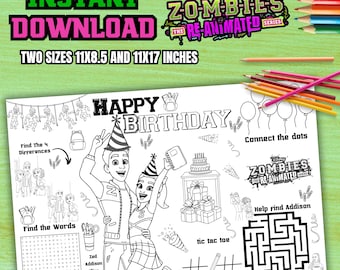 Birthday placemat for Zombies the re-animated,Zombies party coloring activity mat,Zombies party activity,Zombies series,INSTANT DOWNLOAD Z62