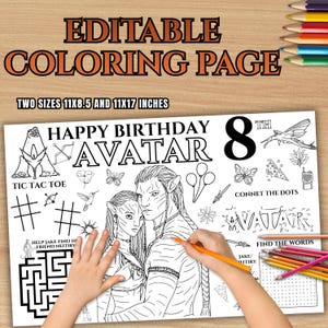Puede incluir: Una página para colorear con temática de Avatar en blanco y negro, con el texto "EDITABLE COLORING PAGE" y "HAPPY BIRTHDAY AVATAR". Incluye actividades como tres en raya y conecta los puntos. Disponible en 21,6 x 27,9 cm y 27,9 x 43,2 cm.