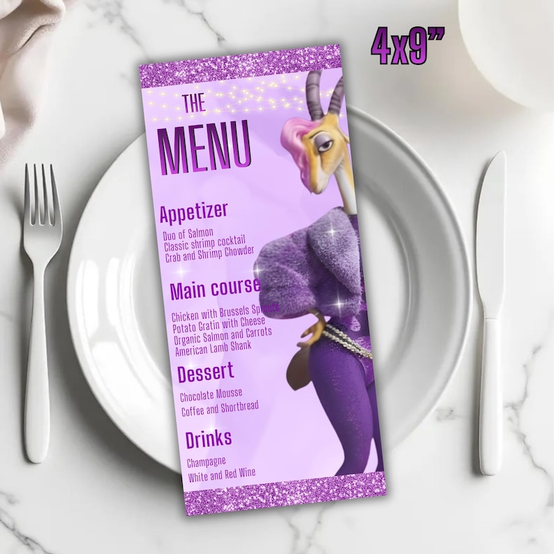 以下が含まれることがあります： 紫色のメニューカード、約10x23cm、漫画のガゼルのイラスト入り。メニューには、前菜、メインコース、デザート、ドリンクが記載されています。カードは、フォークとナイフが付いた白いお皿の上にあります。