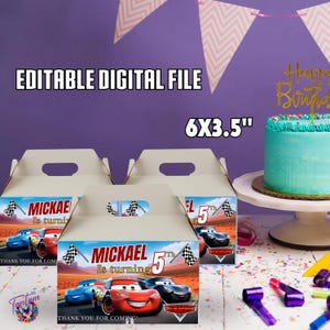 May include: Editable digital file for a 6x3.5 inch favor box featuring a Cars theme. The box has a red and black checkered flag design with the text "Mickael is turning 5th" and a picture of Lightning McQueen and Mater. The box is perfect for a Cars themed birthday party.