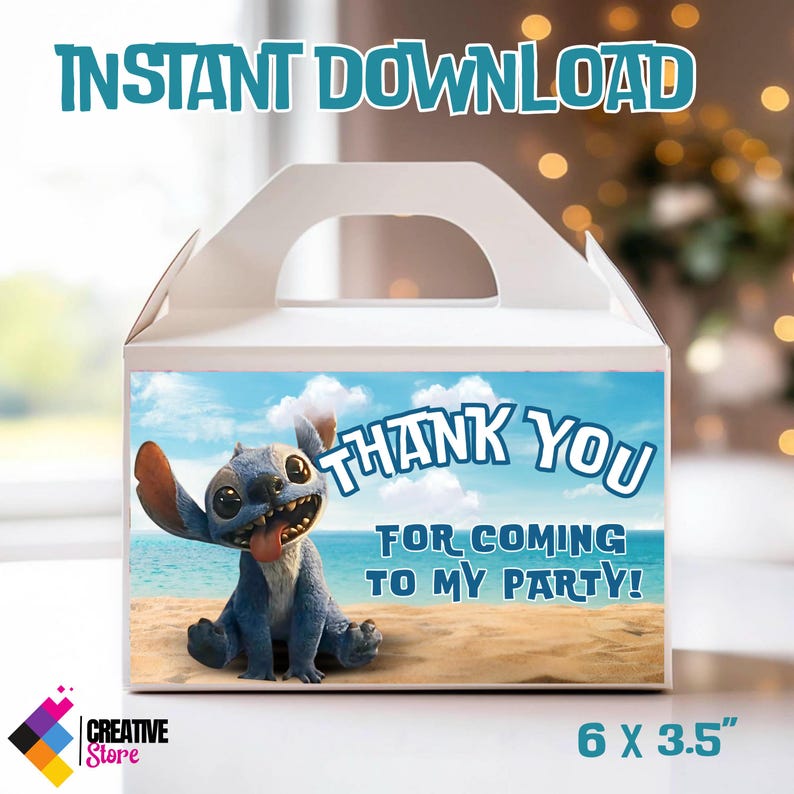 May include: White party favor box with a handle, featuring a cartoon character on a beach scene. The box reads "Thank You For Coming To My Party!" and "Instant Download." The box measures 6 x 3.5 inches.
