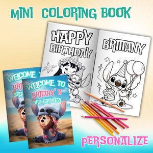 May include: A personalized coloring book featuring Stitch and Lilo from Disney's Lilo & Stitch. The cover features a welcome message with the name "Brittany" and the age "3rd Birthday". The inside pages feature black and white illustrations of Stitch and Lilo for coloring.