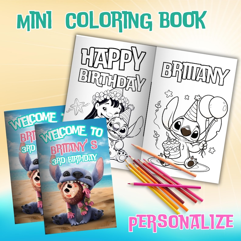 May include: A personalized coloring book featuring Stitch and Lilo from Disney's Lilo & Stitch. The cover features a welcome message with the name "Brittany" and the age "3rd Birthday". The inside pages feature black and white illustrations of Stitch and Lilo for coloring.