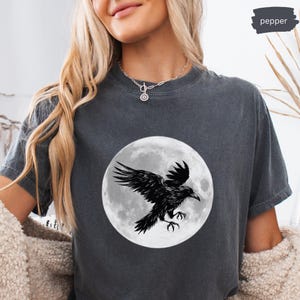 Raven Moon Unisex Tee, Comfort Colors Crow Shirt, Spooky Season Halloween Tshirt, Fall Gift, Moon Shirt, Unisex Garment-Dyed Tee