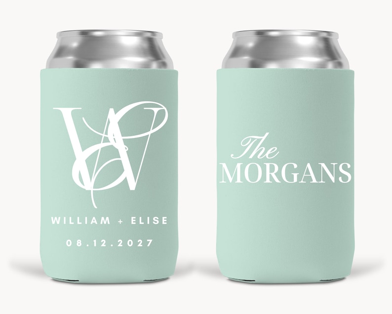 May include: Two mint green can coolers with silver tops. One cooler features a white monogram with the names "William + Elise" and the date "08.12.2027". The other cooler has the text "The Morgans" in white. These are ideal for weddings.