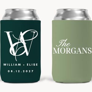 May include: Two can coolers. One is dark green with white script initials, names, and a date. The other is light green with the words "The Morgans" in white script.