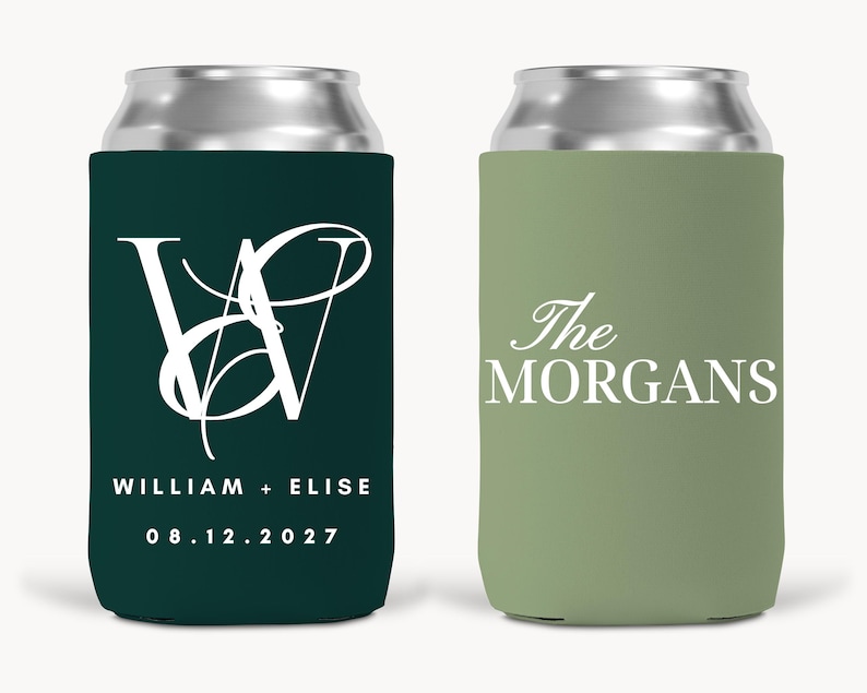 May include: Two can coolers. One is dark green with white script initials, names, and a date. The other is light green with the words "The Morgans" in white script.