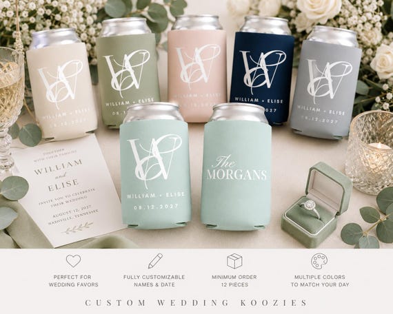 Wedding Koozies Bulk | Personalized Can Coolers | Monogram Wedding Favors | Bride and Groom Koozies | Wedding Drink Sleeves
