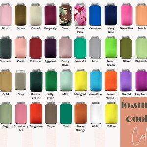 May include: A selection of foam can coolers in a variety of colours, such as black, pink, blue, green, and orange. The image showcases a wide array of hues, with each cooler labelled with its corresponding colour name. Text on the image reads "foam can coolers Colors."