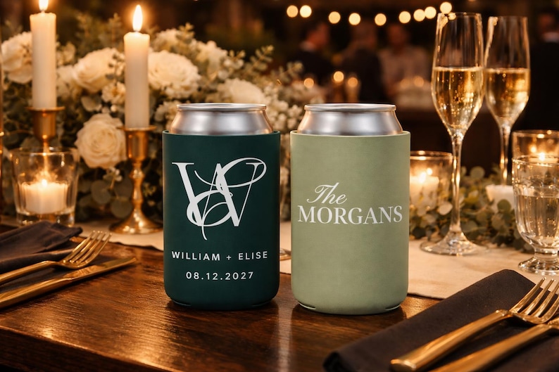May include: Two personalised can coolers, one dark green and one light green, with silver tops. The dark green cooler has a white monogram and the names "William + Elise" with a date. The light green cooler says "The Morgans".