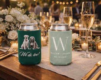 Custom Wedding Koozies Bulk | Personalized Can Coolers | Monogram Wedding Koozies | Bride and Groom Drink Sleeves | Wedding Favors