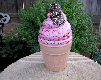 Swirled Rainbow Sprinkles Strawberry Sundae Ice Cream Cookie Jar