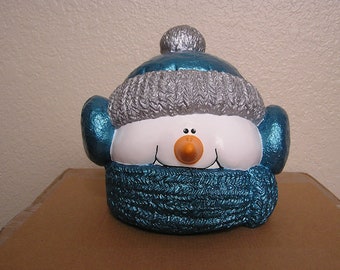 Snowman Head Teal Blue & Silver Ear Muffs Cookie Jar