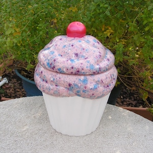 May include: A white ceramic cupcake cookie jar with a pink and blue frosting design and a red cherry on top.