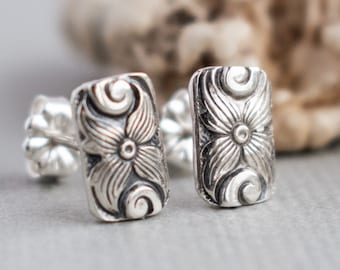 Sterling Silver Flower Stud Earrings: Textured Floral Jewelry