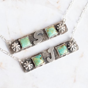 Silver Initial Bar Necklace - Sterling Silver - Initial Jewelry - Letter Necklace for Mom - Genuine Turquoise - Initial Necklace