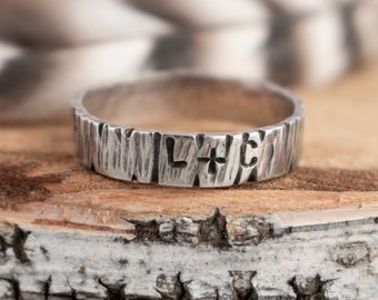 Tree Bark initial ring - Sterling Silver Stackable Name Rings - Personalized Rings for Couples - Personalized Gift for Girl Friends