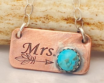Personalized Initial necklace - Copper and Turquoise jewelry - Mrs. Necklace - Gift for bride - New Wife Gift - Turquoise Necklace