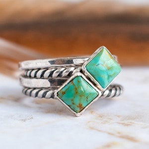 Genuine Turquoise Ring - Sterling Silver - Turquoise Rings - Stacking Rings For Women - Turquoise Jewelry Rope Band