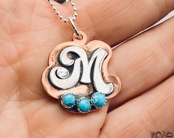 Personalized Initial necklace Retro letter Necklace sterling silver Turquoise jewelry Gifts for women 70 Style Bubble letter Mom Gift