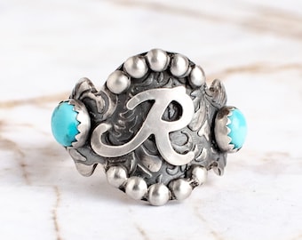 Turquoise Initial Ring - Sterling silver - Western Ring - Unisex - Turquoise Brand Ring - Turquoise jewelry