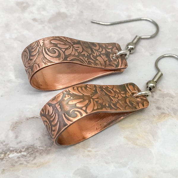 Copper Hoop Earrings  Copper Dangle Earrings Tooled Leather Texture - Copper Earrings for Women - 2 inch hoops