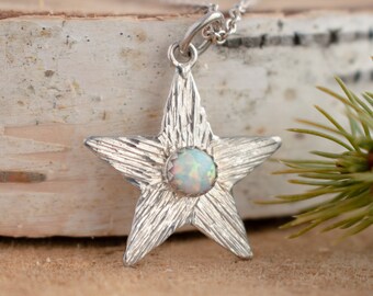 Sterling Silver Opal Necklace, Silver Star Necklace for Women, Winter Jewelry Gifts for her,