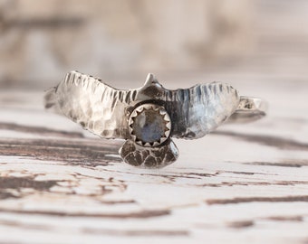Labradorite Bird Ring: Sterling Silver Hawk Jewelry, Natural Gemstone Stacking Ring