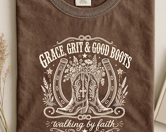 Maglietta Grace Grit Boots / Maglietta grafica con stivali da cowboy e ferro di cavallo Faith