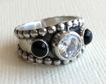 Black Onyx Ring with CZ - Sterling silver - Western Wedding Ring - Unisex - White Diamond ring - Western Rings for Women