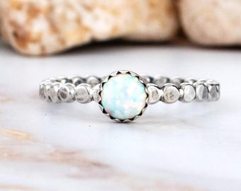 Dainty Opal Ring, Sterling Silver Beaded Band with Lab Grown stone