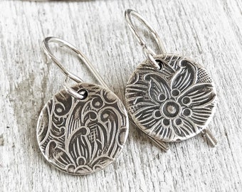 Rustic Sterling Silver Earrings For Women - Silver Dangle Earrings - Floral Jewelry - Rustic Earrings - Small Dangles