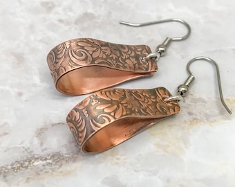 Copper Hoop Earrings  Copper Dangle Earrings Tooled Leather Texture - Copper Earrings for Women - 2 inch hoops
