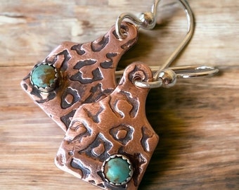 Copper Cow Tag Earrings: Leopard Print, Turquoise, Sterling Silver