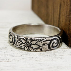 Sterling Silver Floral Ring- Swirl Pattern Ring- Sterling Silver Wedding Band- Jewelry for Women