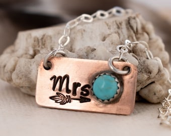 Gift for Wife Mrs Necklace- Turquoise Jewelry for New Wife - Boho Jewelry - Mrs Necklace Copper or Silver - Wife Christmas Gifts