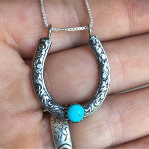 Rustic Sterling Silver Horseshoe Pendant Turquoise Necklace for Women Western Jewelry Turquoise Jewelry image 6