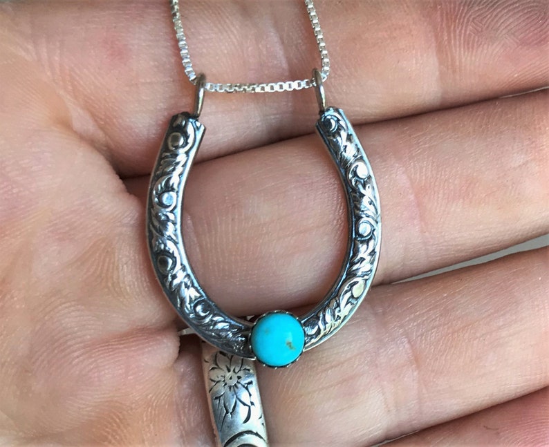 Rustic Sterling Silver Horseshoe Pendant Turquoise Necklace for Women Western Jewelry Turquoise Jewelry image 6