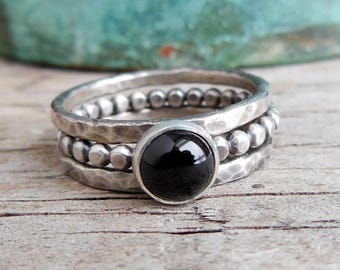 Stackable Black Onyx Ring SET Sterling Silver Stackable Black Onyx Rings - Stackable Ring Set for Women