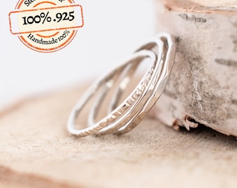 Three Silver Stacking Ring Set Skinny Sterling Silver Rings, Textured Stackers