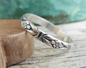 Sterling Silver Stacking Ring, Silver, Floral Ring Design, Rustic Silver Band