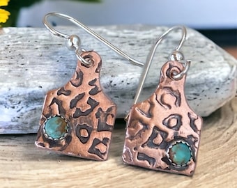 Copper earrings with leopard print and turquoise. Cow tag earrings, cowgirl jewelry small dangles Cheetah Style Drop Sterling Ear wires