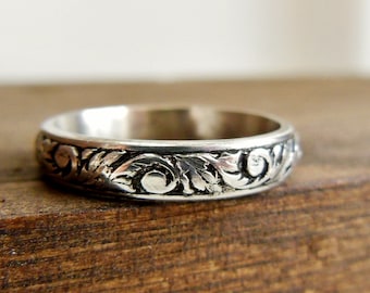 Filigree Personalized Engrave able Ring, Sterling Silver, Gift for Mom, Secret Message Ring, Textured Leaf Ring, Custom Engraved Ring Stack