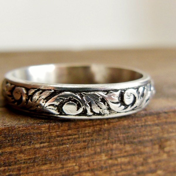 Filigree Personalized Engrave able Ring, Sterling Silver, Gift for Mom, Secret Message Ring, Textured Leaf Ring, Custom Engraved Ring Stack