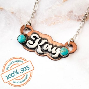 Collar con nombre de cobre personalizado, regalo del Día de la Madre para niños, para mujeres en plata de ley y letras de burbuja retro de cobre