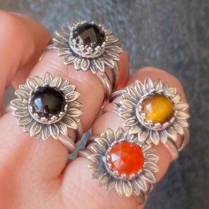 Sunflower Ring with Gemstone, Fall Jewelry for women, Sterling Silver Gemstone Rings