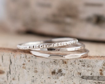 Sterling Silver Stacking Ring set - Silver Stackable Rings - Silver Rings For women -Thin Plain Rings - Textured Stacking rings, Midi Rings