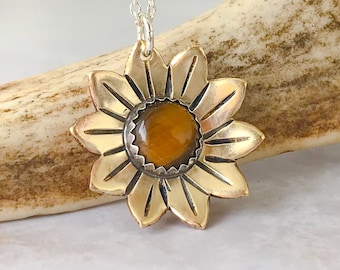 Sunflower Necklace with Tiger eye, Gold , Mixed metal Jewelry, Flower Necklace for women, Fall jewelry boho style