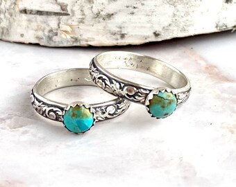 Stackable Turquoise Ring, Blue and Silver, Turquoise Ring, Turquoise Ring with Vine