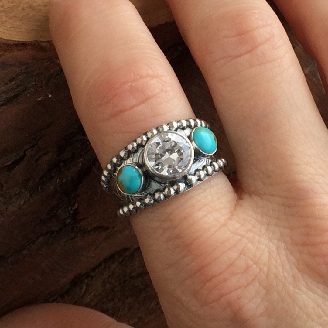Turquoise Ring With CZ Sterling Silver Western Wedding Ring - Unisex ...